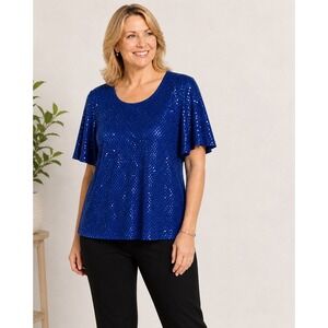 Susan Graver Royal Blue Sequin Flutter Sleeve Top Plus Size 1X Sparkly Glam